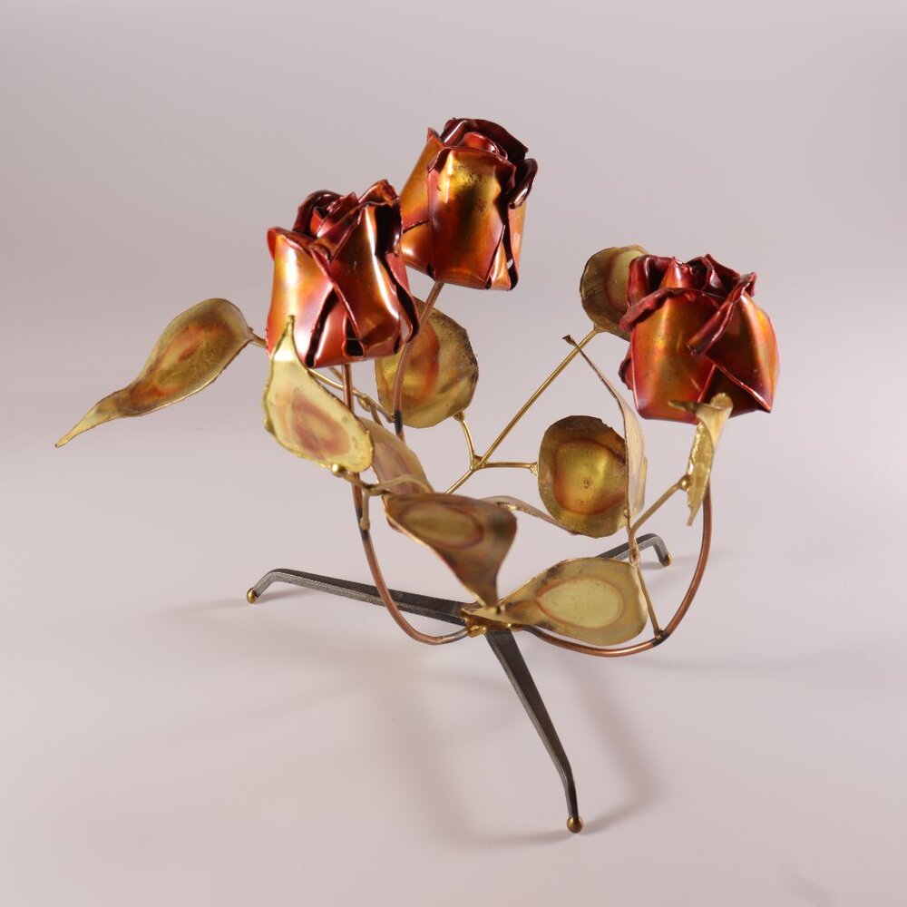 Mixed Metal Roses & Leaves Sculpture Iron Stand Tainted Copper Gold & Dark Red